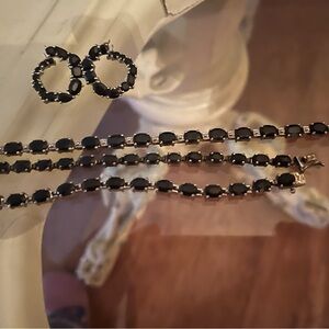 Elegant Black blue  sapphire Tennis Bracelet and Hoop Earring Set and necklace
